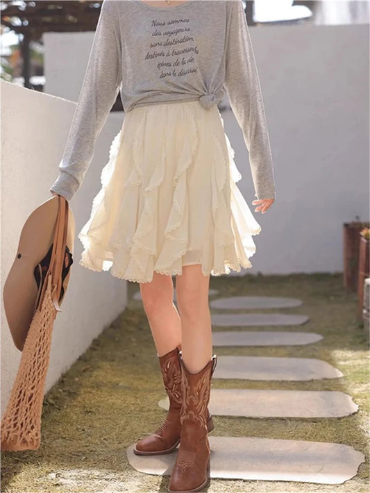 Chiffon Korean Sweet Irregular Tulle Skirt Summer Women Fairycore Elegant Lace Ruffle Pleated Skirts Vintage Layered Tutu Skirts