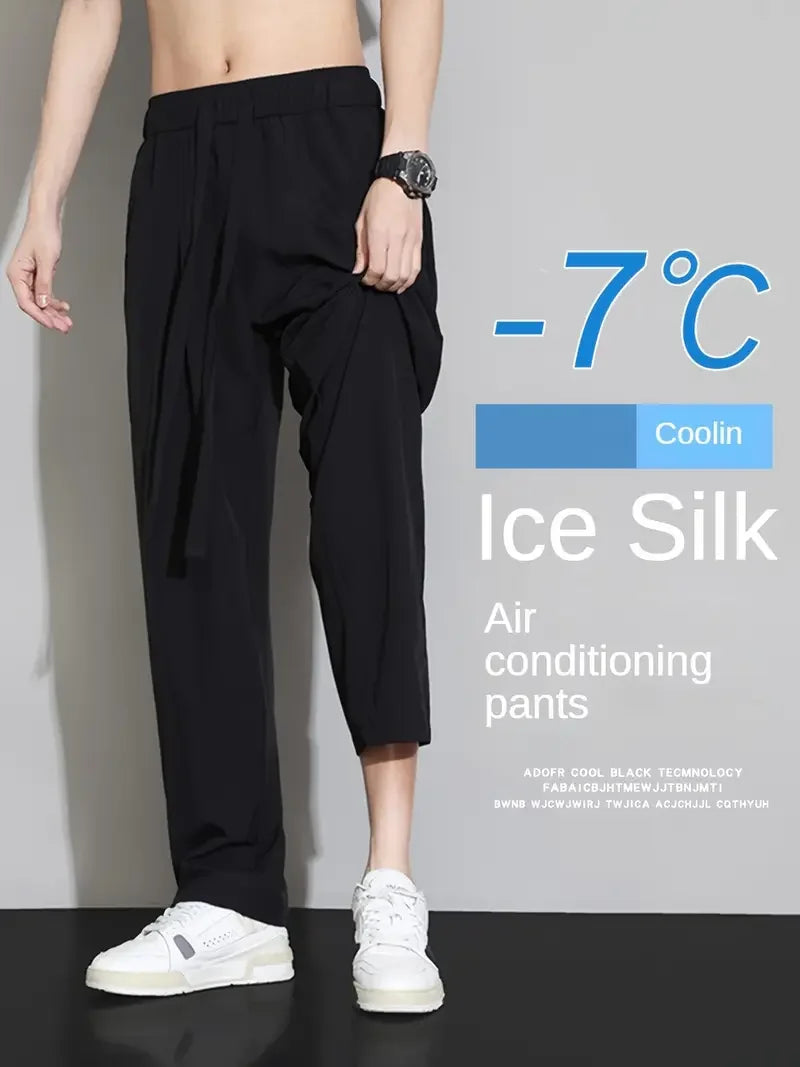 Summer New Arrival Men's Ice Silk Wide Leg Pants - Black Lightweight Breathable Quick-Dry Long Trousers (Cross-Border Exclusive)