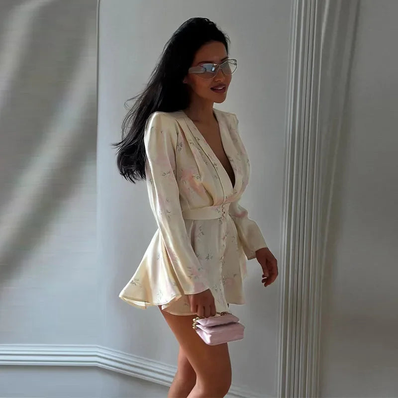 Casual Printed Mini Dress Women Full Sleeve Button V-neck Lady Short Dresses Waist Tape 2026 Spring Summer Female Robe Beach