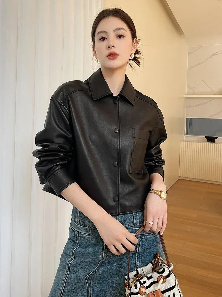 Casual Black Natural Sheepskin Coats for Women Spring Autumn 2026 New Trend High-end Simple Soft Short Genuine Leather Jacket