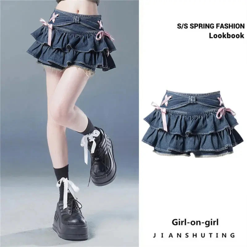 Mini Skirts for Women Sweet Cute Jupe Fashion Summer Japanese 2025 Faldas Mujer De Moda Bow Polka Dot Ruffles Y2k Skirt