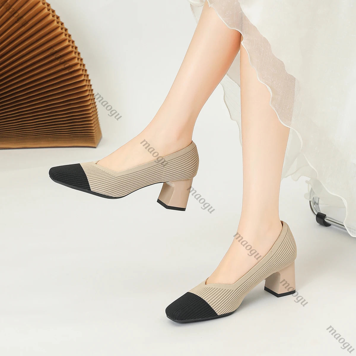 Shoes Woman High Heels Comfortable Square Knitted Breathable Comfortable Women's Flats Shoes (5cm High) 2025 New Collection