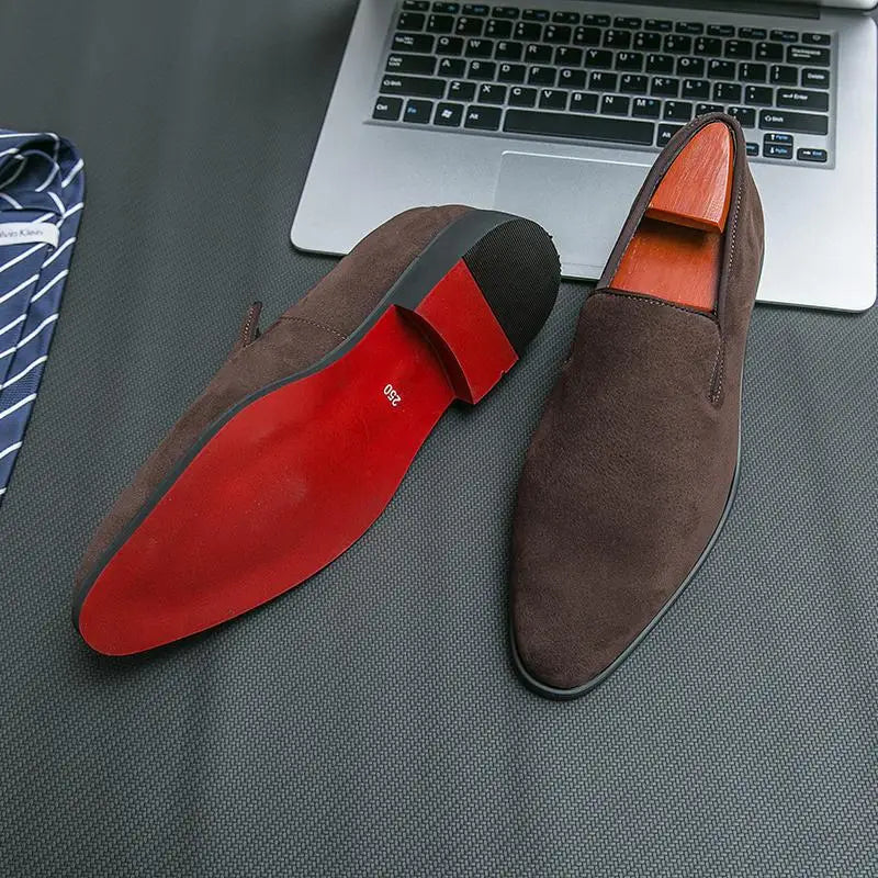 Men's Shoes Suede Leather Shoes Fashion Business Office Dress Shoes Brown Slip on Casual Shoe Red Sole Pointed Toe Male Loafers