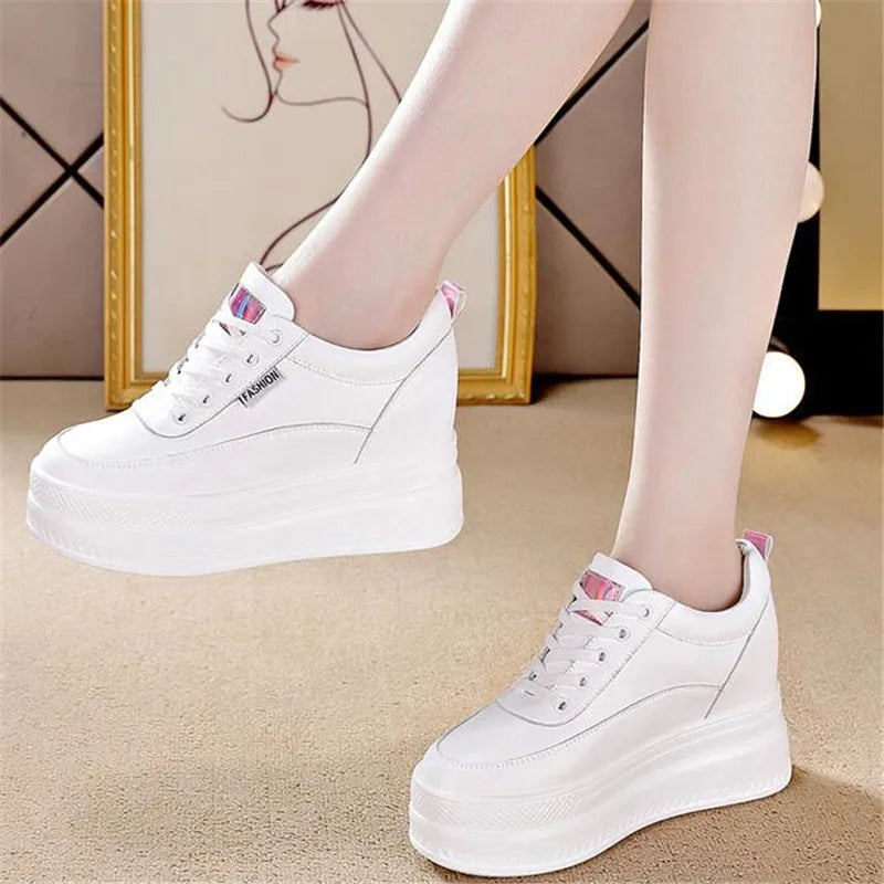 New Spring Autumn White Hidden Wedge Heels Casual Shoes Woman 9CM Platform Shoes Elevator High-heels Walking Sneakers Women