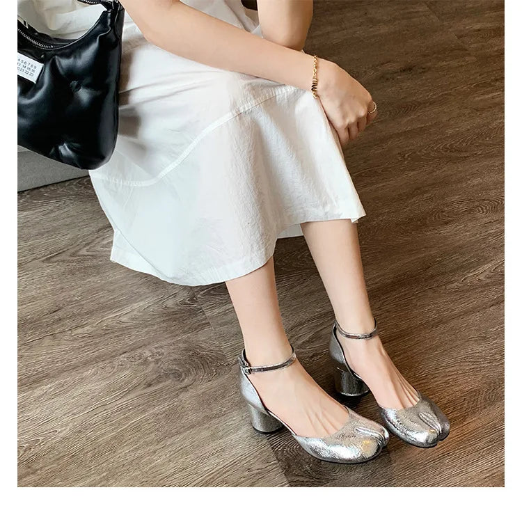 Brand Designer Tabi ninja high heels shoes woman ankle strap silver crack leather pumps split toe D'orsay mary janes shoes woman