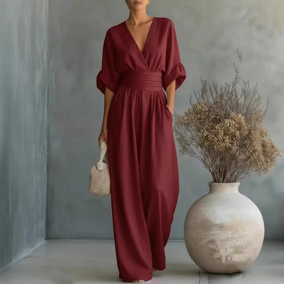 Elegant Solid Jumpsuits Women Shrot Sleeve V Neck Jumpsuit Trousers Wide Leg Pants Rompers Loose Style Belted Leotard Overalls