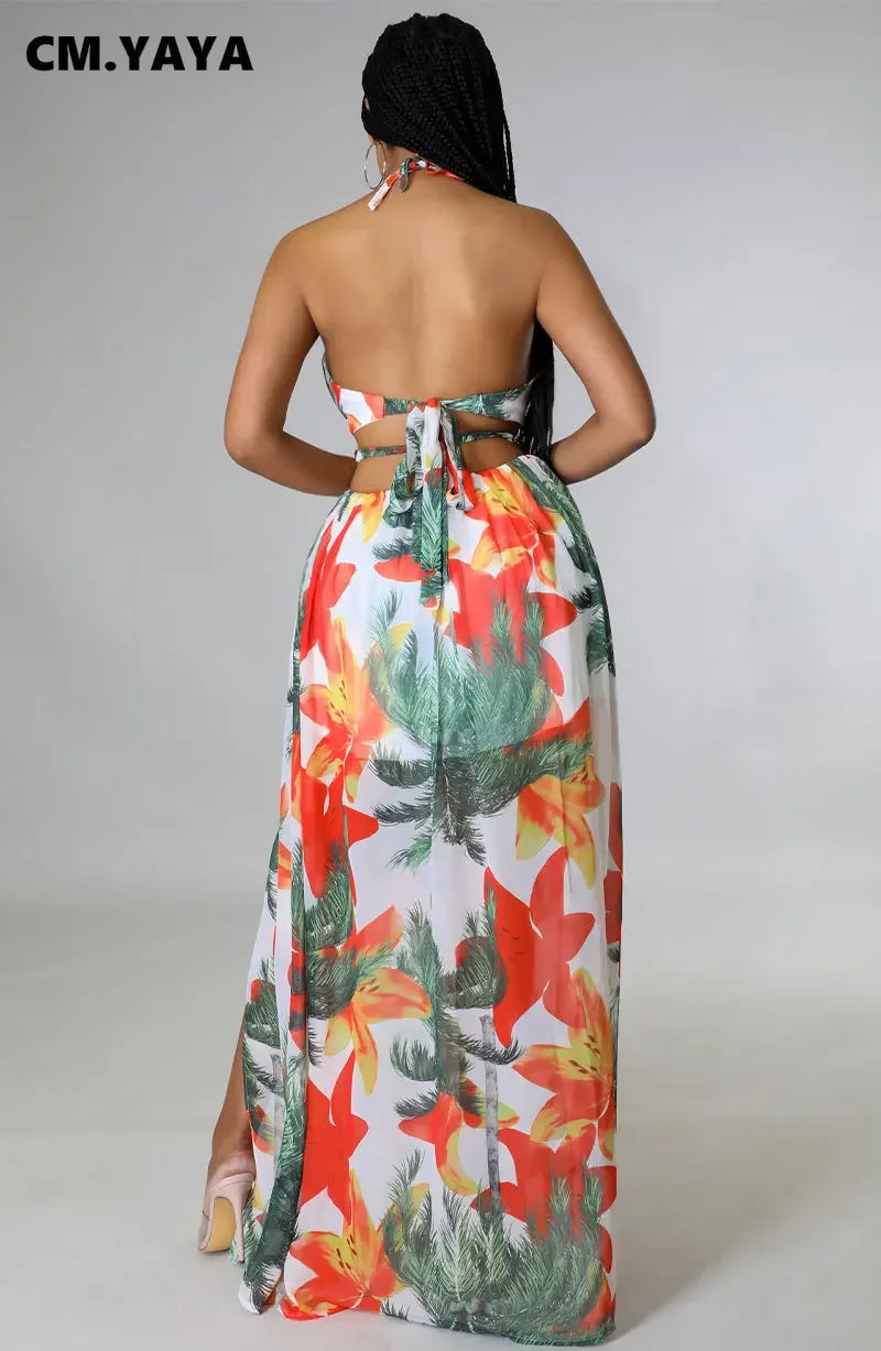 CM.YAYA Elegant Women Floral Halter V-neck Backless Cut Out Waist Chain Sleeveless High Side Split Fit Flare Maxi Long Dresses