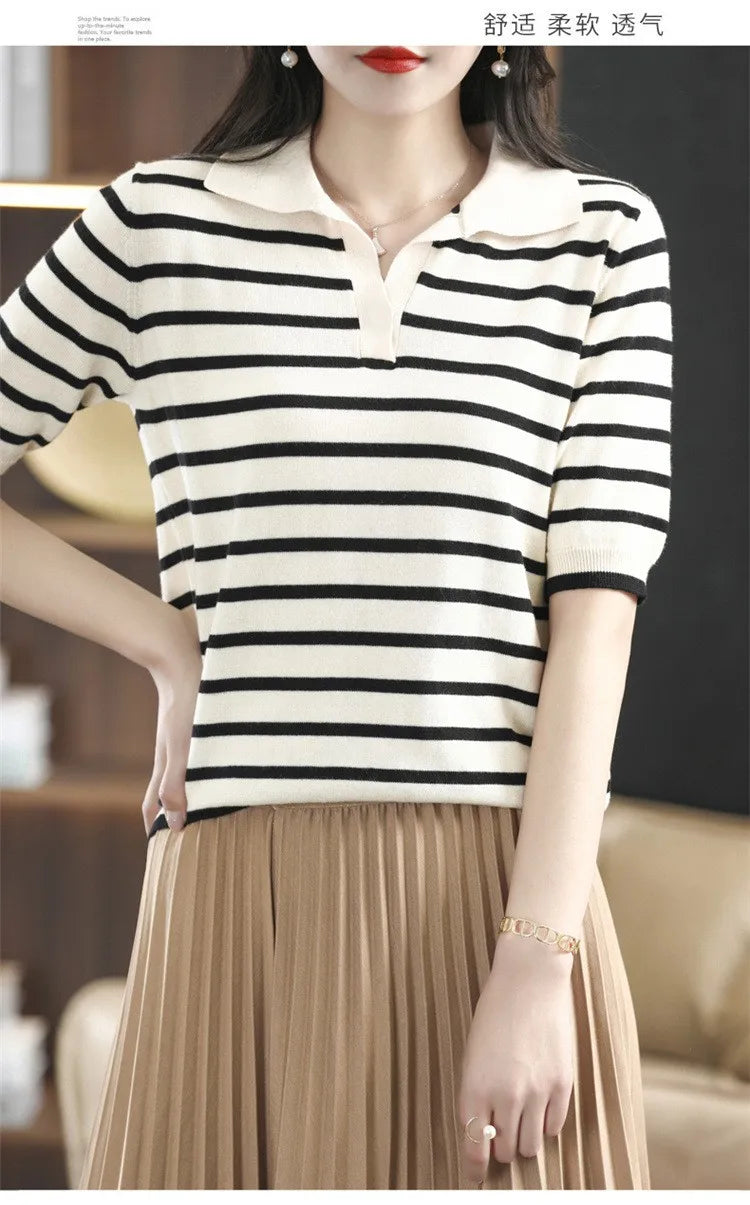 WinvyNee Summer Short Sleeved Women's Solid Polo Shirt Casual Cotton Striped Top T-shirt Women Clothing Casual Knitted A1002001