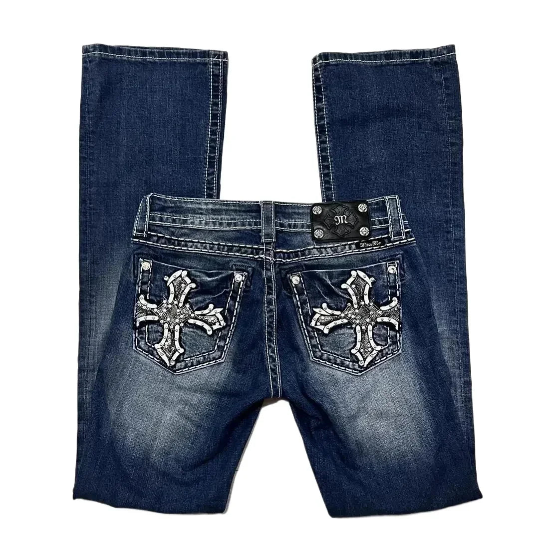 Y2K New Revival Mens Jeans Foliage Bootcut Women Gothic Blue Denim Embroidery Pocket Hip Hop Harajuku Wide Pants Street Wear