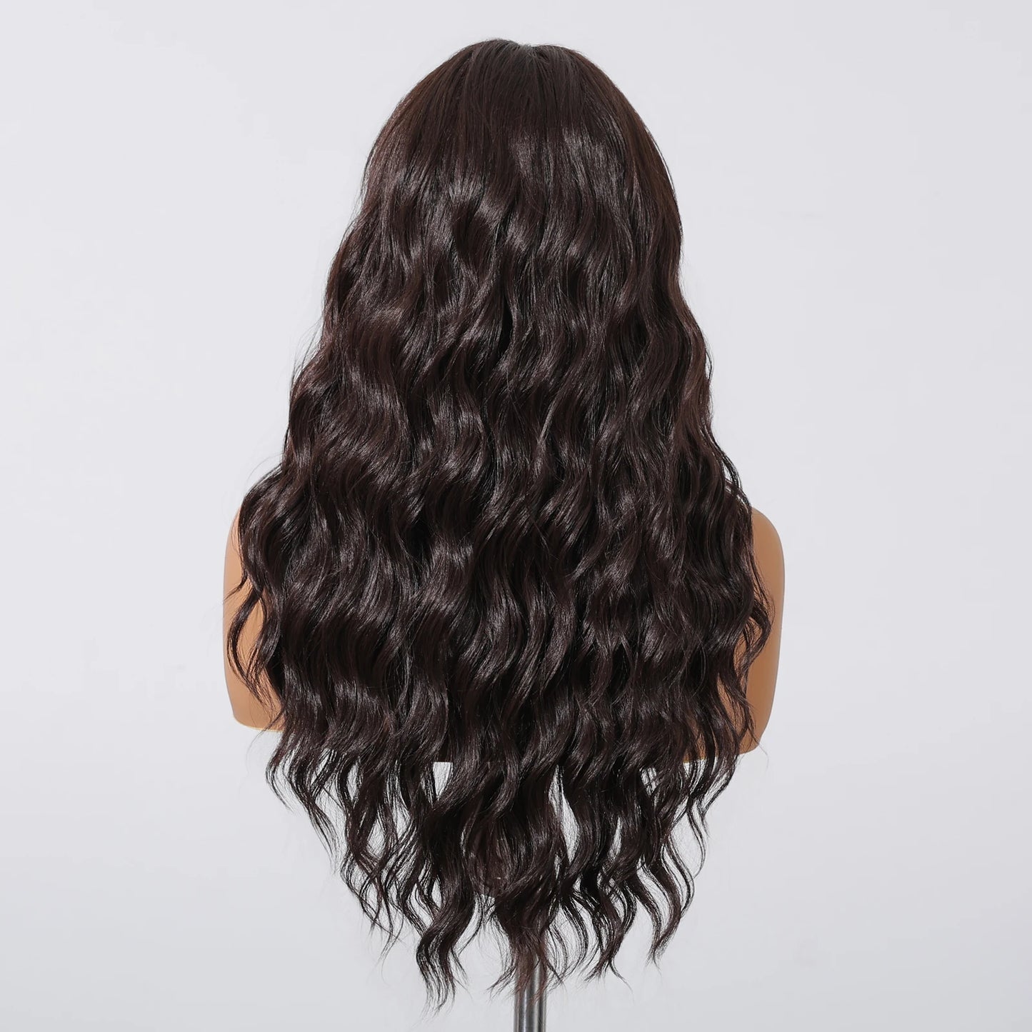 EASIHAIR Dark Brown Long Curly Synthetic Wig with Bangs Brown Women's Wigs for Cosplay Daily Use Heat Resistant Natural Hair