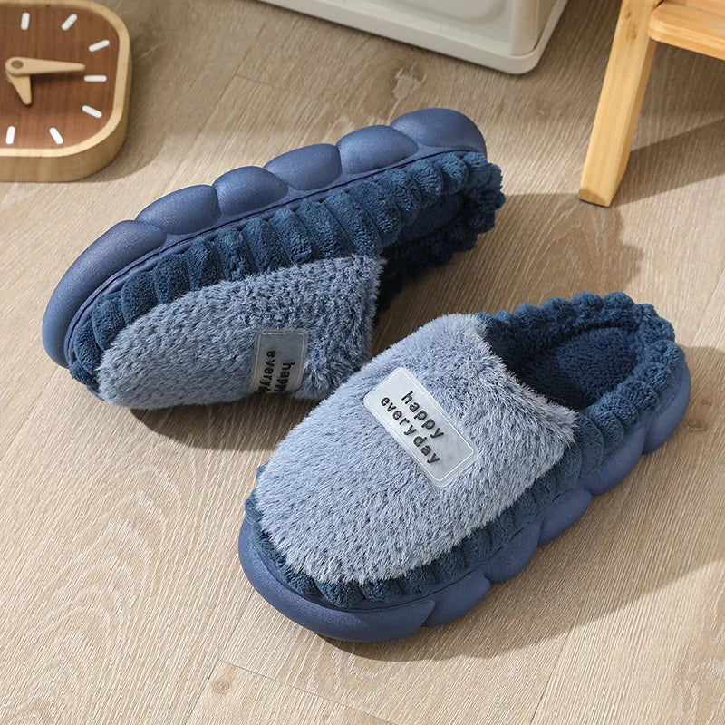Man slippers home furry thick bottom slides designer winter warm velvet mens slippers blue cotton slipper males shoes