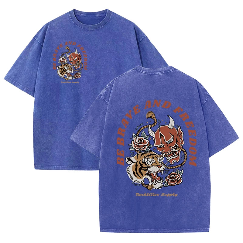 Tigers Est 1985 Sport Print Washed Women T-Shirt Summer Casual Retro T Shirts Snow Wash Tee Top Loose Unisex Retro Streetwear