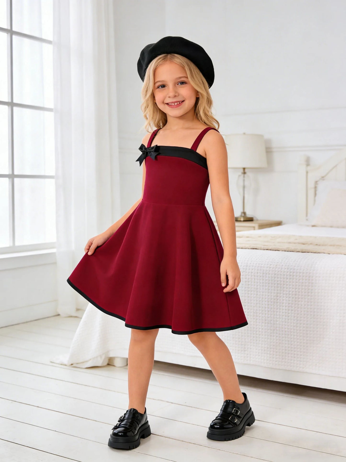 Summer fashion dress for girls, casual outdoor camisole bow dress for girls, suitable for daily and outdoor activities
