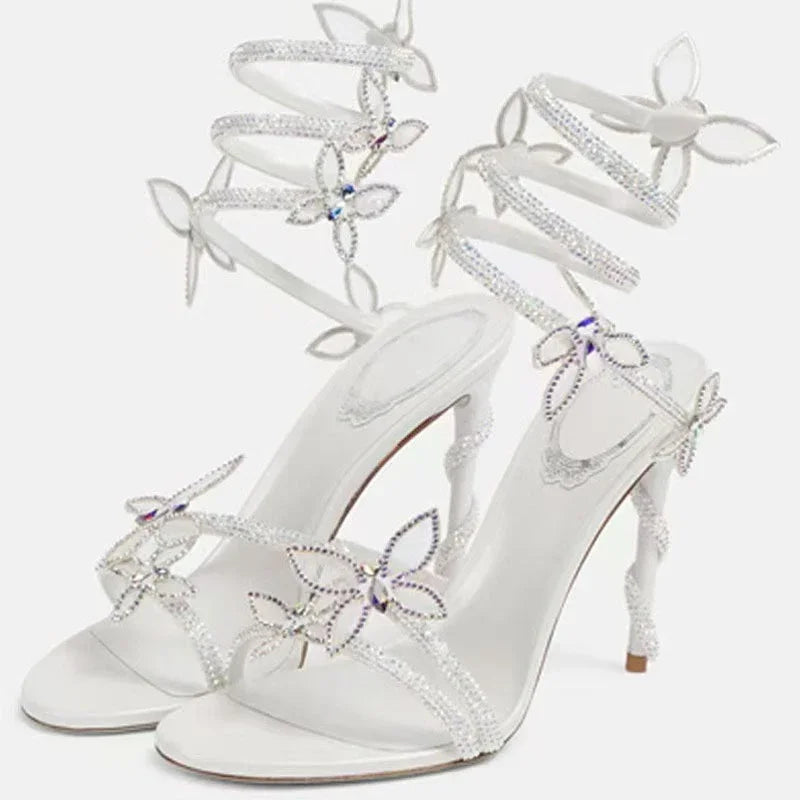 Eilyken Sexy Crystal Butterfly-knot Ankle Strap Sandals Woman Fashion Open Toe Stiletto High Heels Banquet Party Pumps Shoes