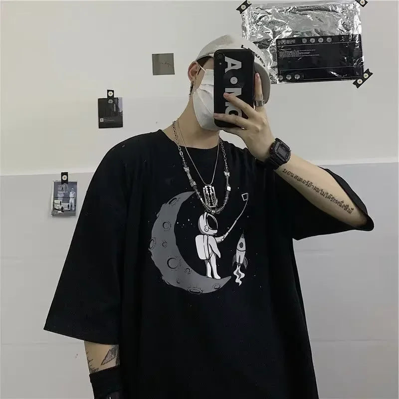 Men's t-shirts Retro Baggy Print O-neck Fashion Teen Streetwear Y2k t shirt College Simple Summer Oversized Short sleeve Tee Top