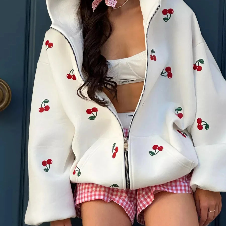 Women's Cherry Printed Sweatshirt Jacket 2025 Autumn Street Style Fashion Trendy Brand Loose Versatile Sports Hoodie Female New