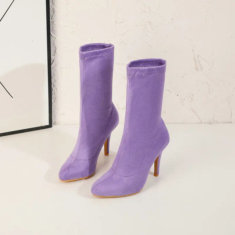 2023 Autumn Winter Sock Short Boots Lady Mid-Calf Thin High Heels Large Size 46 Fashion Women Shoes Elastic Flock Pointed Boots