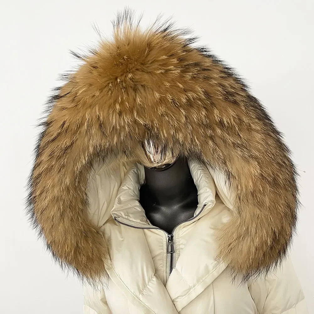 Down Jacket Women Winter Real Natural Fox Fur Hooded Detachable Collar Belt White Goose Down Coat Long Casual Elegant Overwears