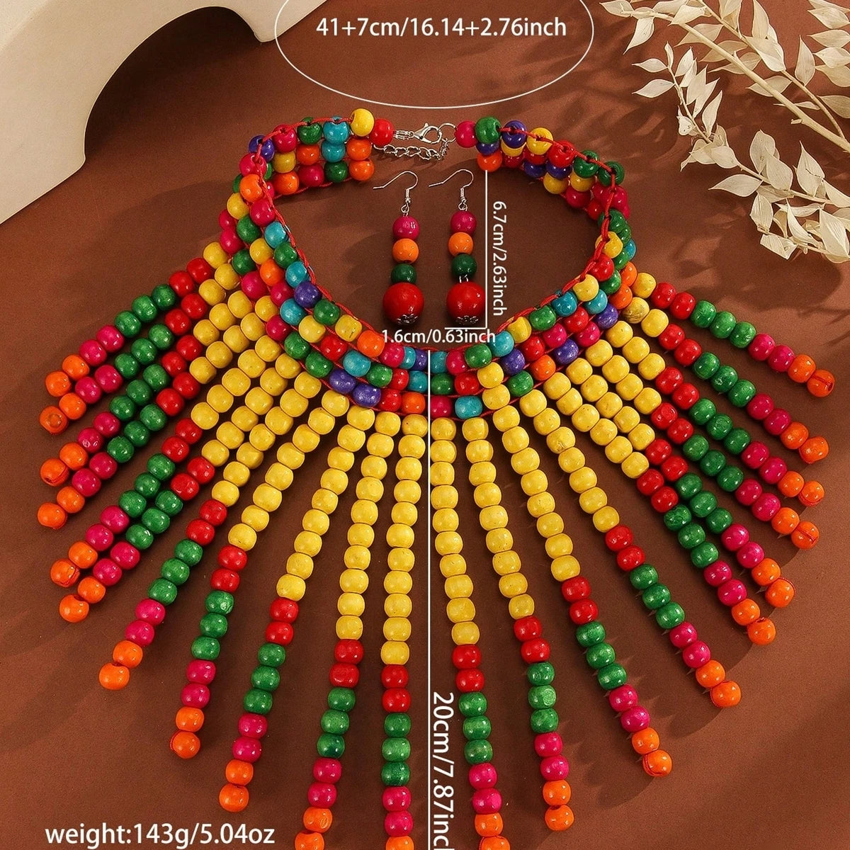 African Ethnic Colorful Wooden Bead Handmade Woven Bib Necklace And Earring Jewelry Set For Women's Vacation Accessories