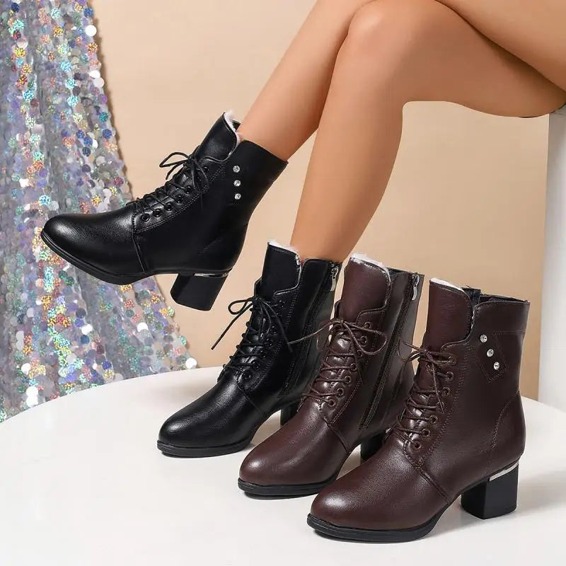 Winter 2024 Women's High Heels Long Plush Warm Ankle Boots Plus Size 42 Thick Square Heeled Motorcycle Boots Woman Shoes Short