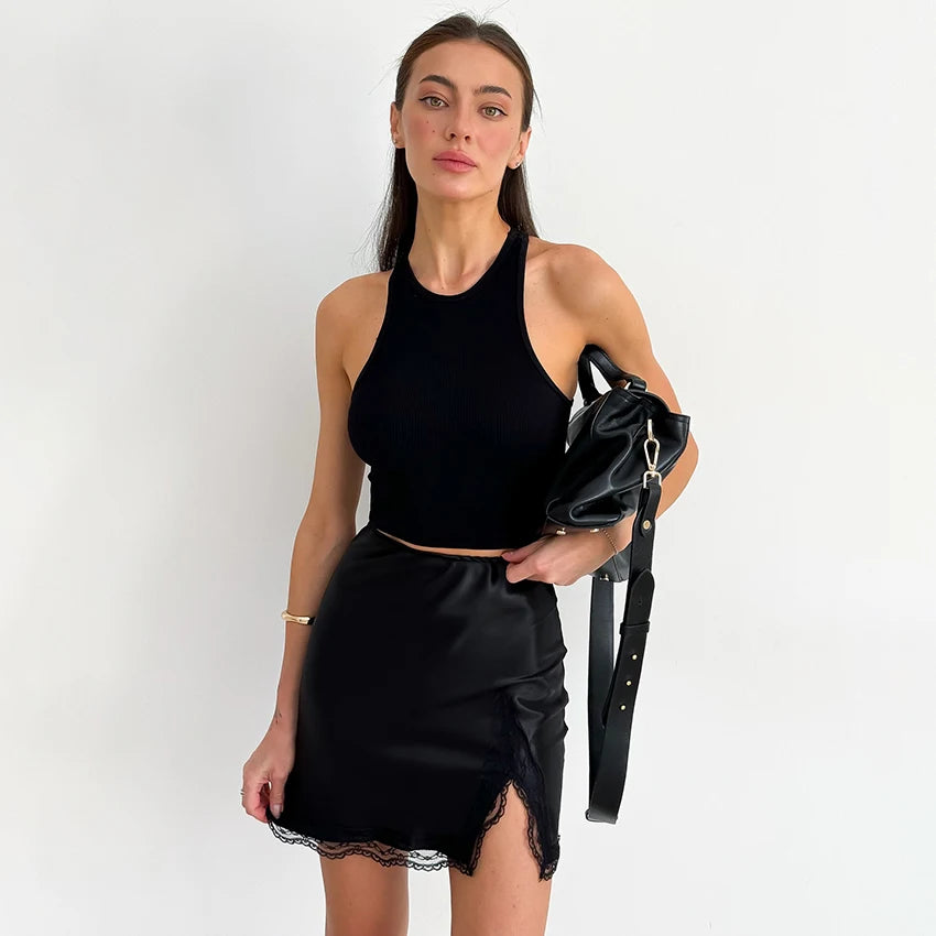 Linad Elegant Satin Embroidery Pencil Skirts Summer Sexy High Waist Split Mini Skirts For Women Fashion Slim Skirt Female 2025