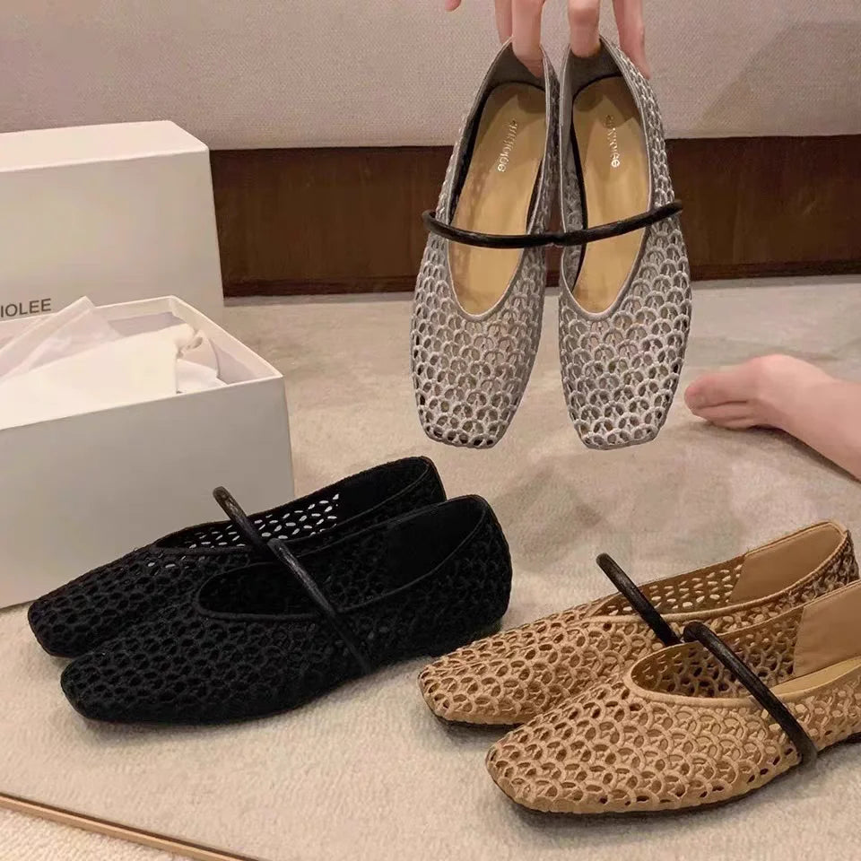 2025 zapatos de Ballet de malla hueca para mujer, sandalias transpirables Mary Jane con cabeza cuadrada, calzado con correa