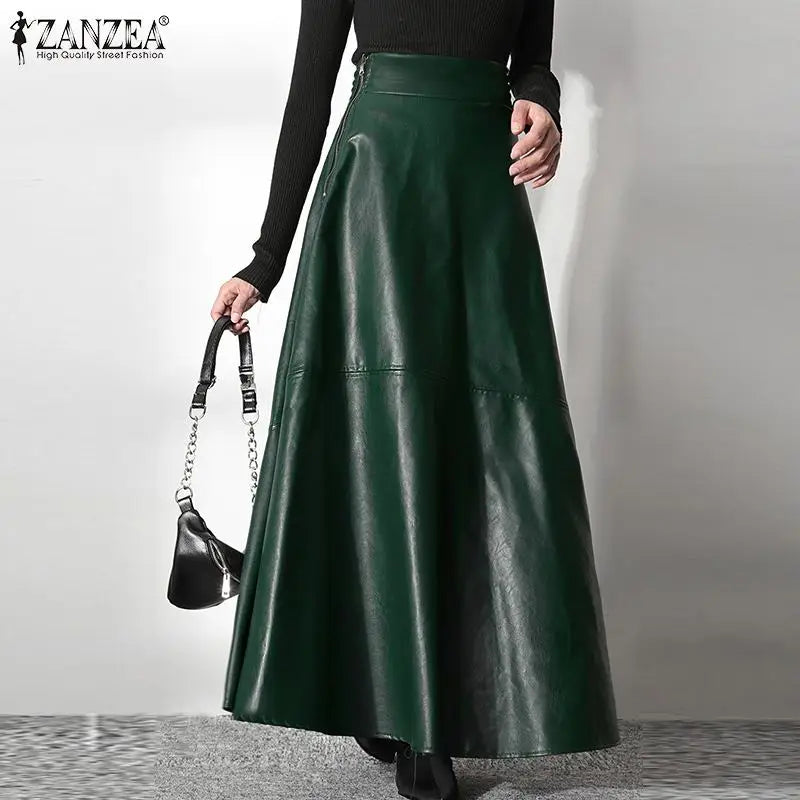 ZANZEA Women's PU Leather Maxi Skirt 2025 Autumn Elegant OL Long Saias Fashion Solid Mujer Faldas Casual High Waist Zipper Jupe