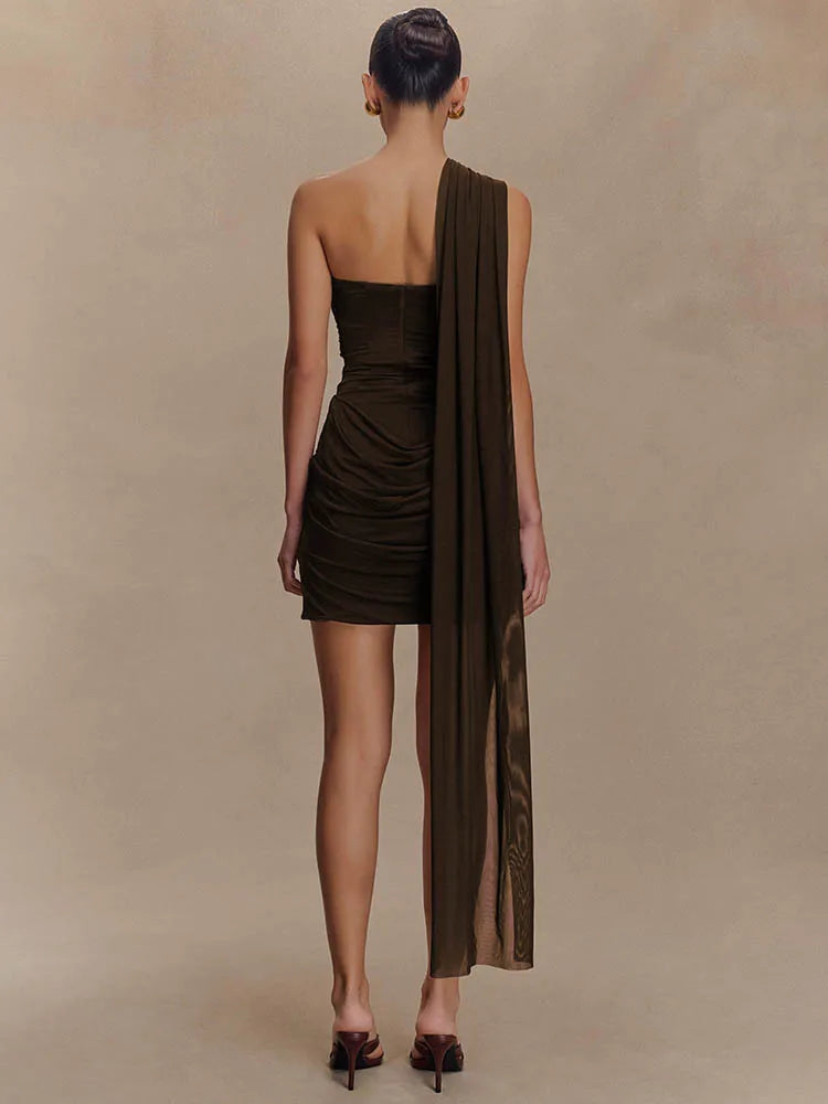 Mozision One Shoulder Backless Mini Dress Women Ruched Bodycon Club Dress