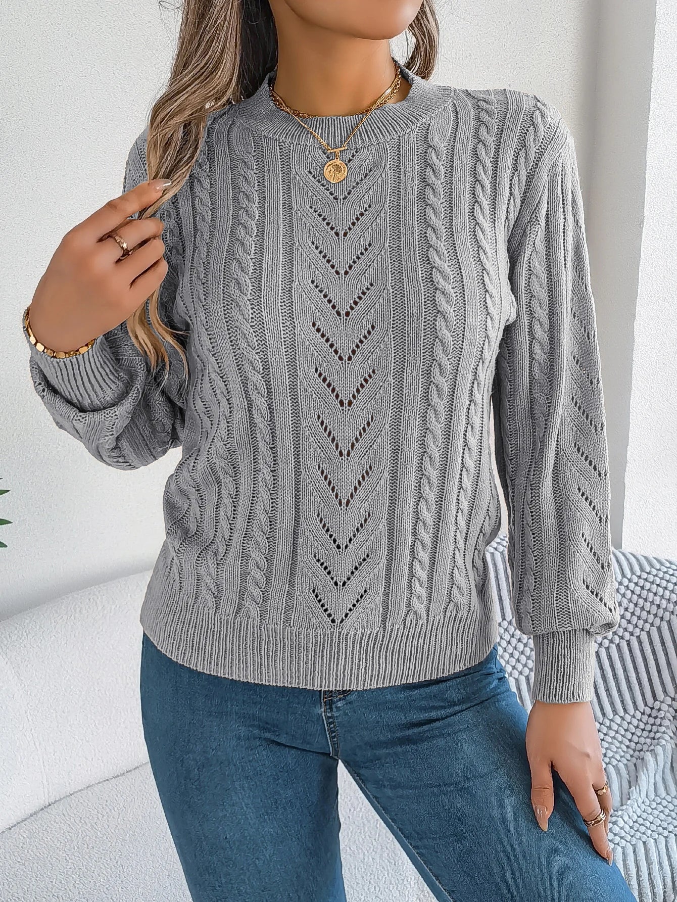 Autumn and Winter Casual Solid Color O-Neck Hollow Out Long Sleeved Pullover Sweater BAZAARHUBO