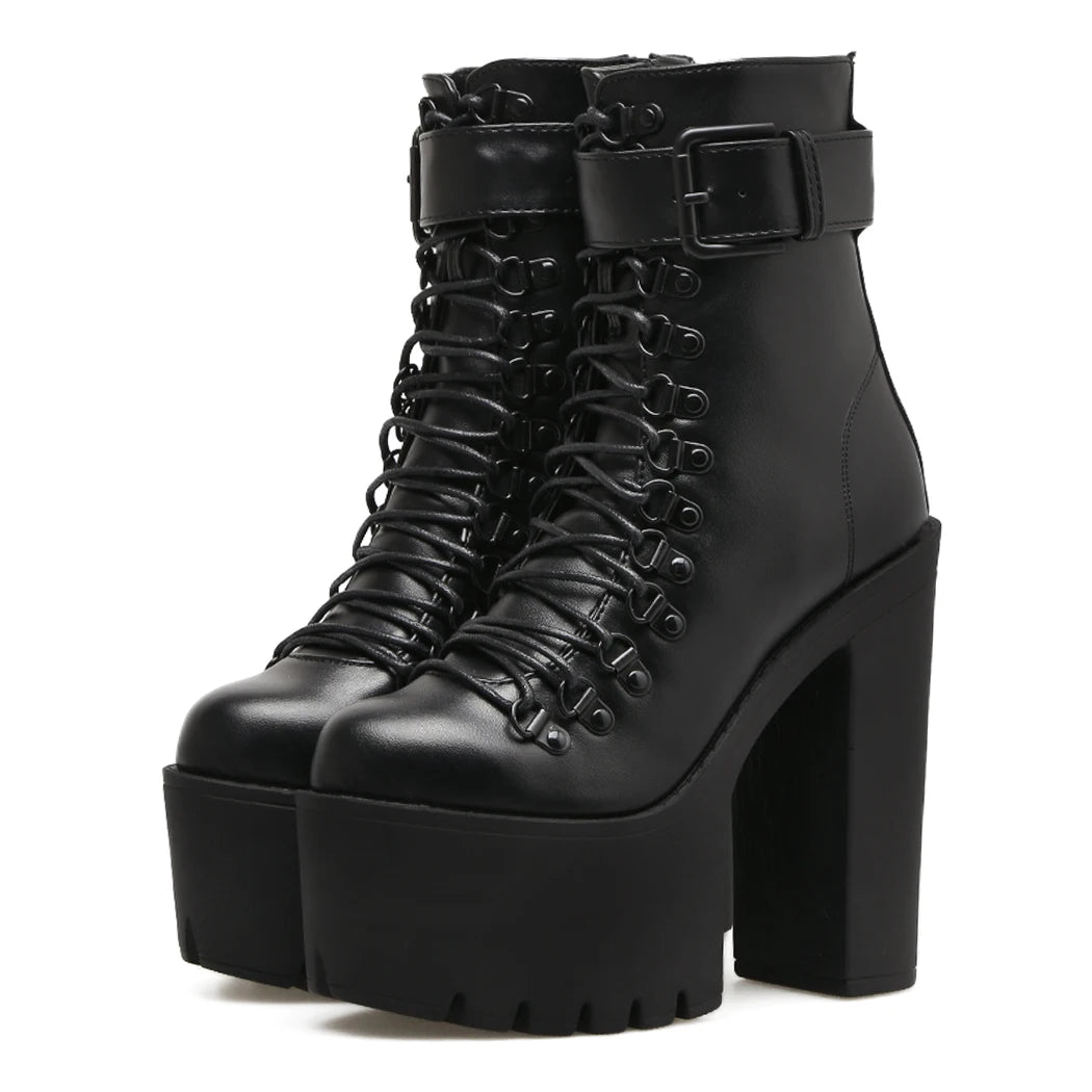Gdgydh Women's Platform Chunky High Heel Ankle Boots Black Buckle Strap Lace Up Side Zipper Motorcycle Boots Punk Style Shoes