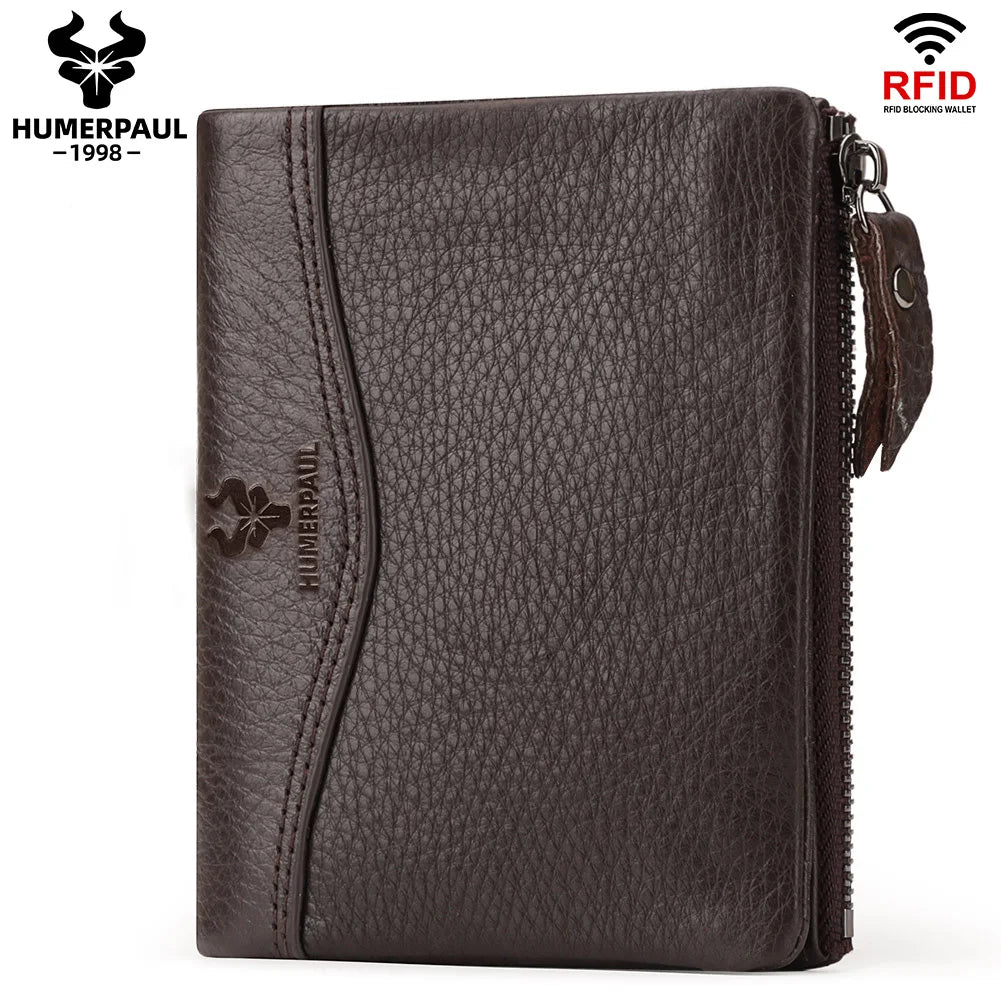 LAREET RFID Senior Short Wallet For Men Genuine Leather Wallets With Card Holder Bifold Zip Coin Pocket Small Billetera Hombre