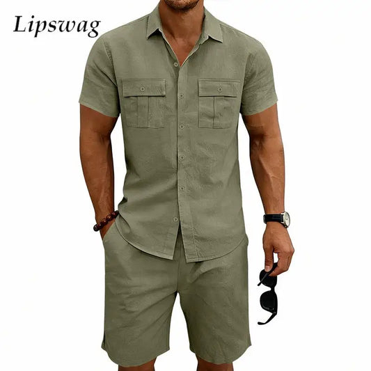 Casual Solid Color Linen Two Piece Sets Mens 2026 Spring Summer Fashion Short Sleeve Shirts And Shorts Outfits Men Linen Suits