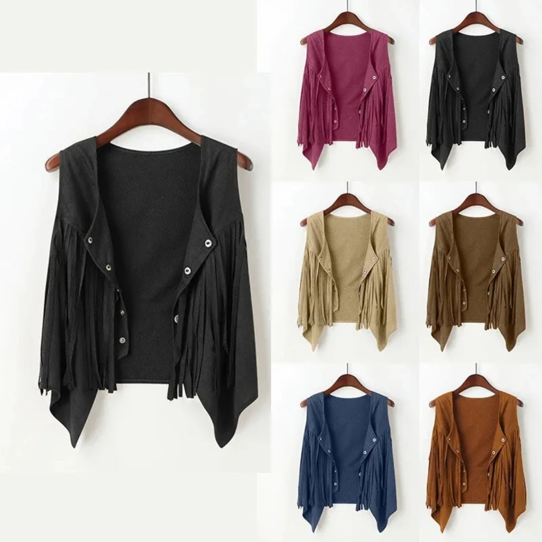 Women Faux Suede Ethnic Sleeveless For Jacket Rivet Fringe Tassels Hippie Open Front Cardigan Vintage Cowgirl Waistcoat Vest