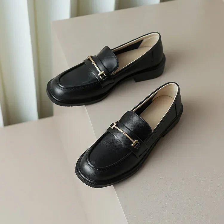 Ochanmeb Natural Leather Loafers Flat Shoes Women Brand Metal Chain Round Toe Slip-ons Flats Ladies Casual Creepers Moccasins 40