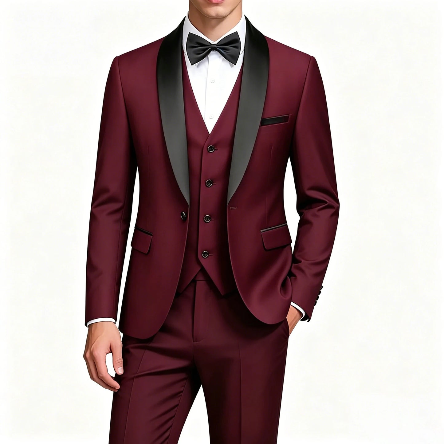 ( Jacket + Vest + Pants ) Men's 3 Piece Tuxedo Suit Set, Beige Blazer with Black Shawl Lapel for Wedding, Groom, Formal Party