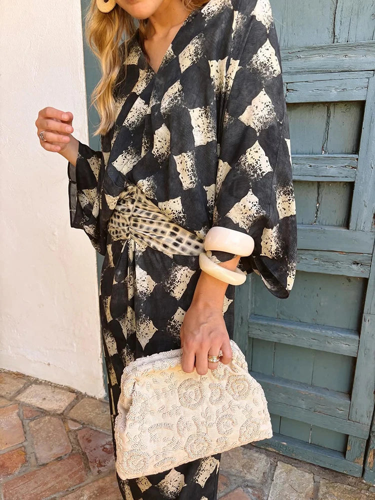 Elegant Plaid Printed Women's Dress V-neck Batwing Sleeve Waist Cinching Long Dress 2026 Spring Summer Casual Holiday Lady Robes