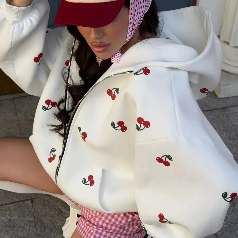 Women's Cherry Printed Sweatshirt Jacket 2025 Autumn Street Style Fashion Trendy Brand Loose Versatile Sports Hoodie Female New