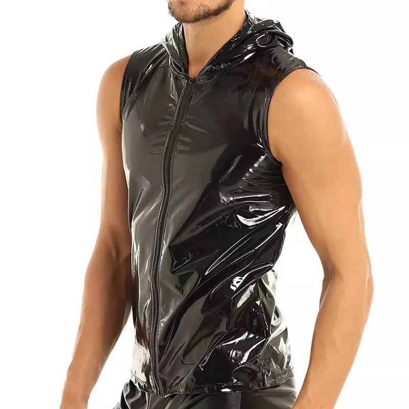 Men PVC Hoodies Tank Tops PU Leather Zipper Sleeveless Latex Hooded Shirts Vest Sexy Party Clubwear Fitness T-shirts Streetwear