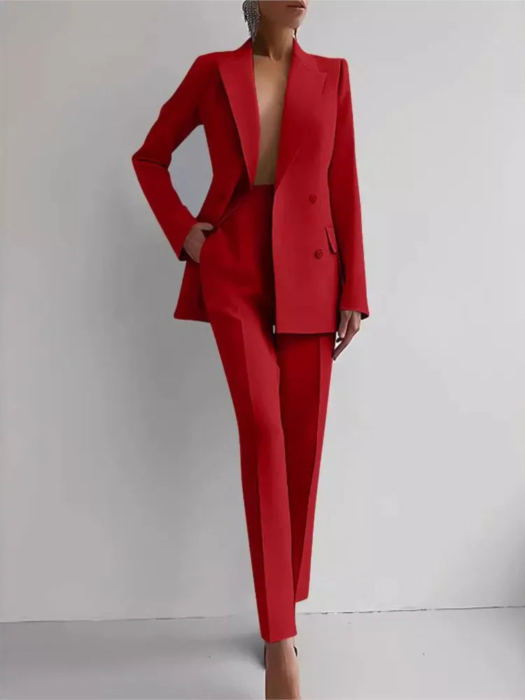Spring Casual Long Sleeve Two Piece Blazer Pants Suit For Women Office Wear