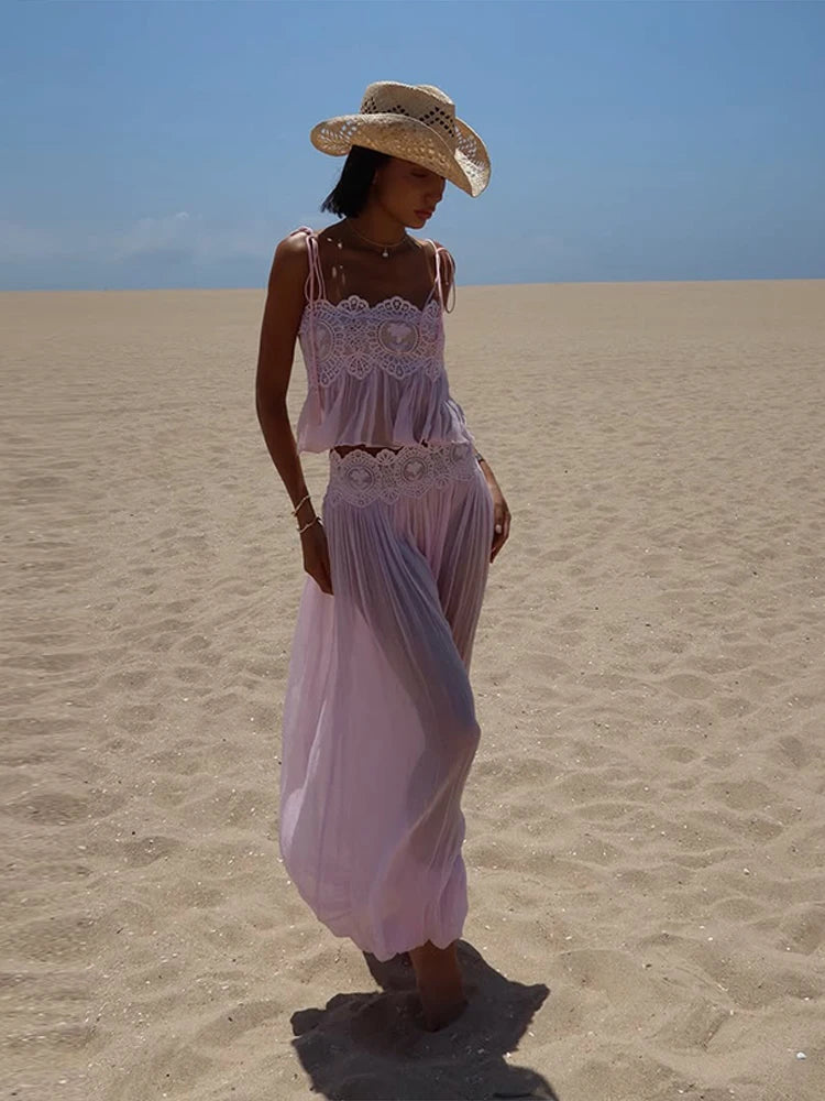 Sheer Layers Lace Stitching Solid Women's Suit Sling Mini Top High Waist Loose Long Skirt Fashion 2026 Summer New Beach Lady Set