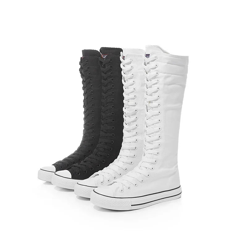New Women's Canvas Boots Zip Shoes Comfortable Womens Shoes Flat High-top Female Sneakers Lace-up Knee-high Boots Bota Feminina
