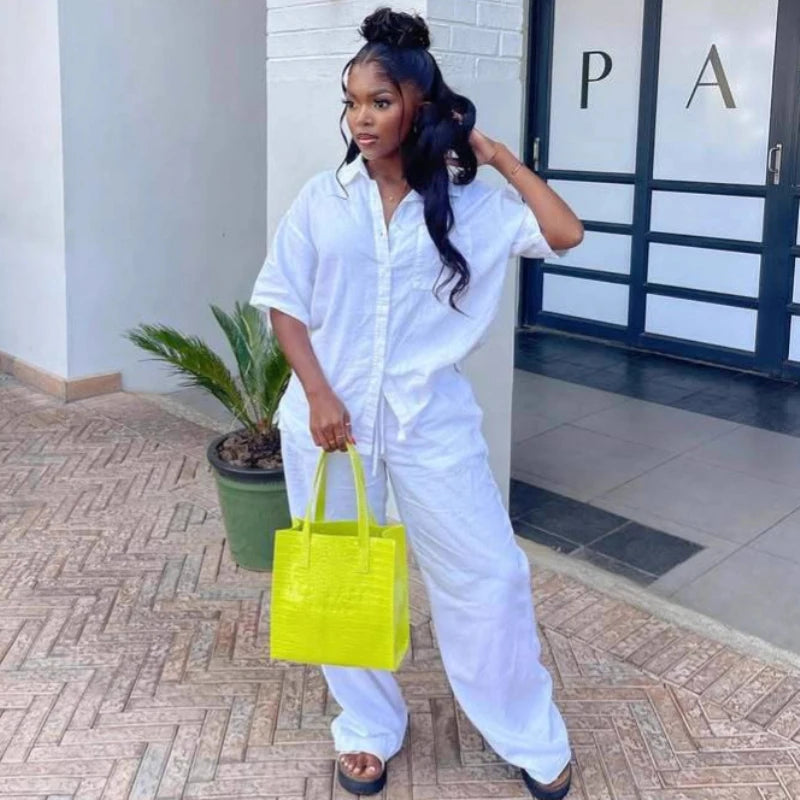 African Fashion Casual Solid Women Pant Sets Two Pieces Matching Set Short Sleeves Loose Shirt Elastic Waist Pants Set