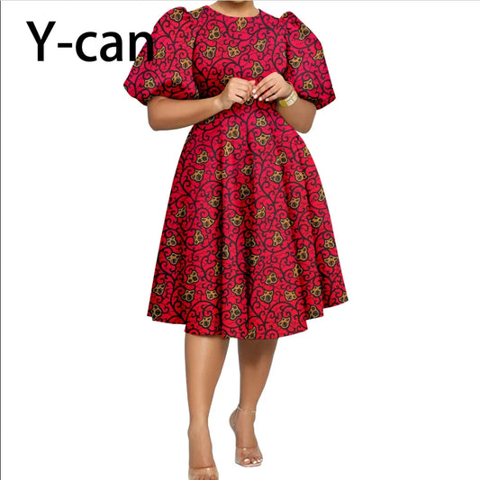 African Clothes for Women Girl Lady Dress Skirt Short Bubble Sleeve Blow the Knee Fashion Causal Bazin Riche Ankara Y2325085