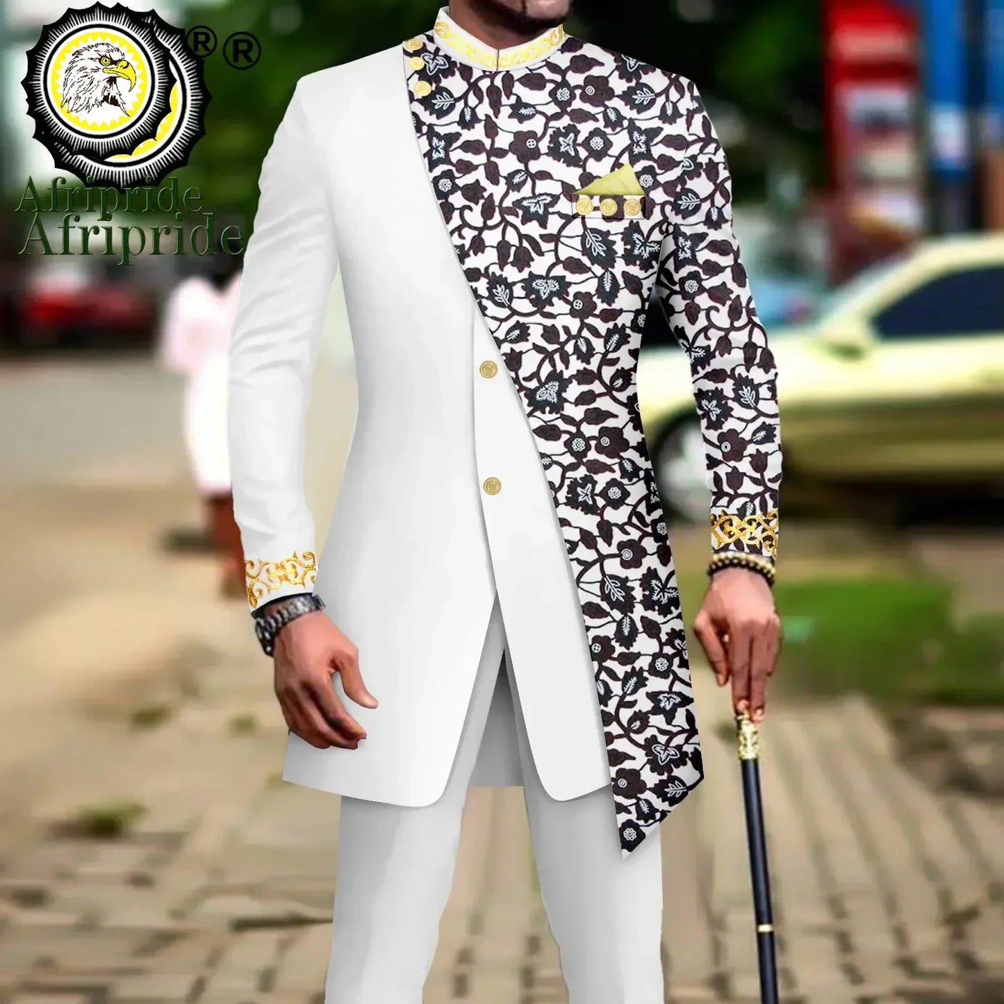African Suits for Men Embroidery Print Blazer and Pants Set Business Dress Suit with Kerchief Party Wedding Evening A2316023