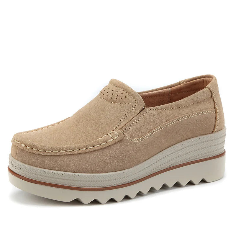 Women's Spring Autumn Genuine Leather Loafers - Fall Slip-On Round Toe Navy Platform Casual Flat Shoes