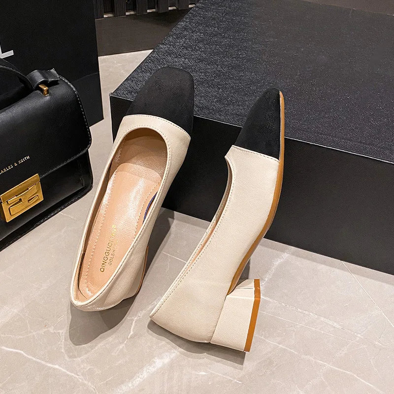 Woman Elegant Square Toe 3cm High High Heels Cute Beige Shallow Mouth Heel Female Shoes Barefoot Color Blocking Birken Shoes