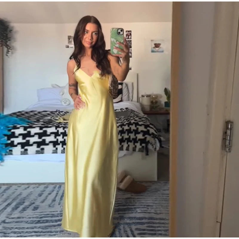 Elegant Satin Pink Women's Long Dresses Fashion Sleeveless Backless Slim Fit Hem Midi Dress Summer Female Holiday Robes 2026