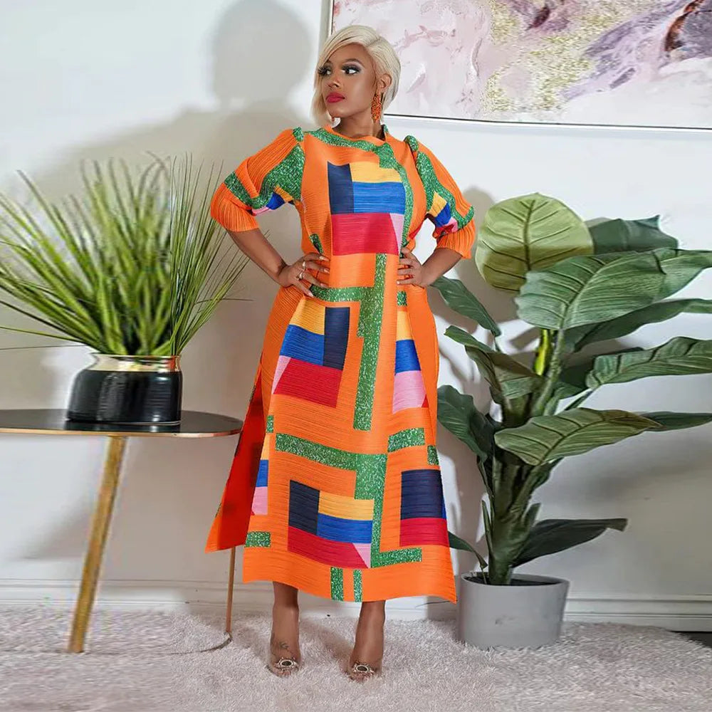 African Dresses for Women Summer Fashion Style African 3/4 Sleeve Polyester O-neck Pleated Dress Dashiki African Clothes Women