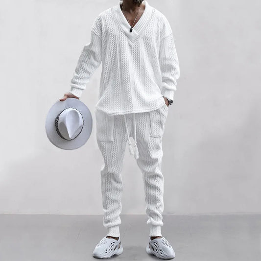 2025 Cross-border New Men's Casual Trousers V-Neck Versatile Jacquard Knitted Sweater Set
