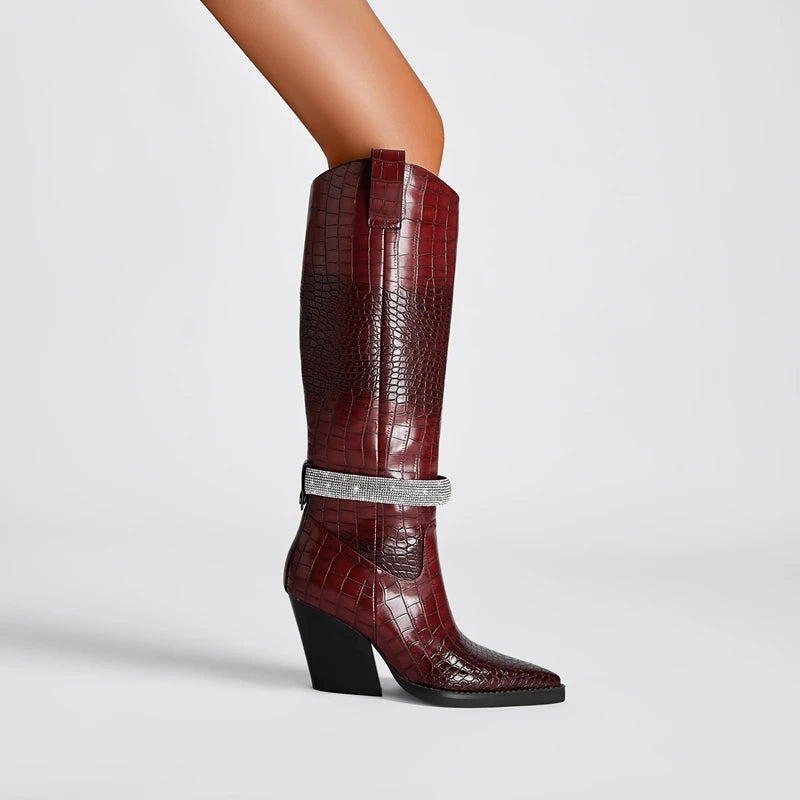 Kaky's New Water Diamond Pointed Thick High Heels Oversized Women's Boots Long Boots High Barrel Boots Western Boots 44 45 46